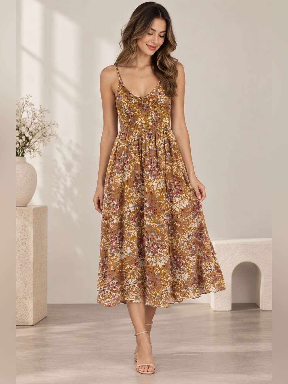 Floral Smocked Midi Dress Size S Mustard Boho Sundress